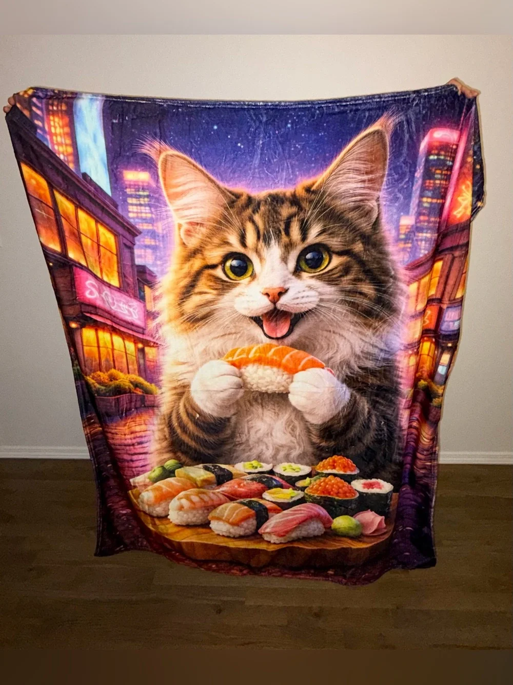 NEW Cat Sushi Velveteen Throw Blanket 50x60 Cute Kitty Kawaii Cozy Home Decor